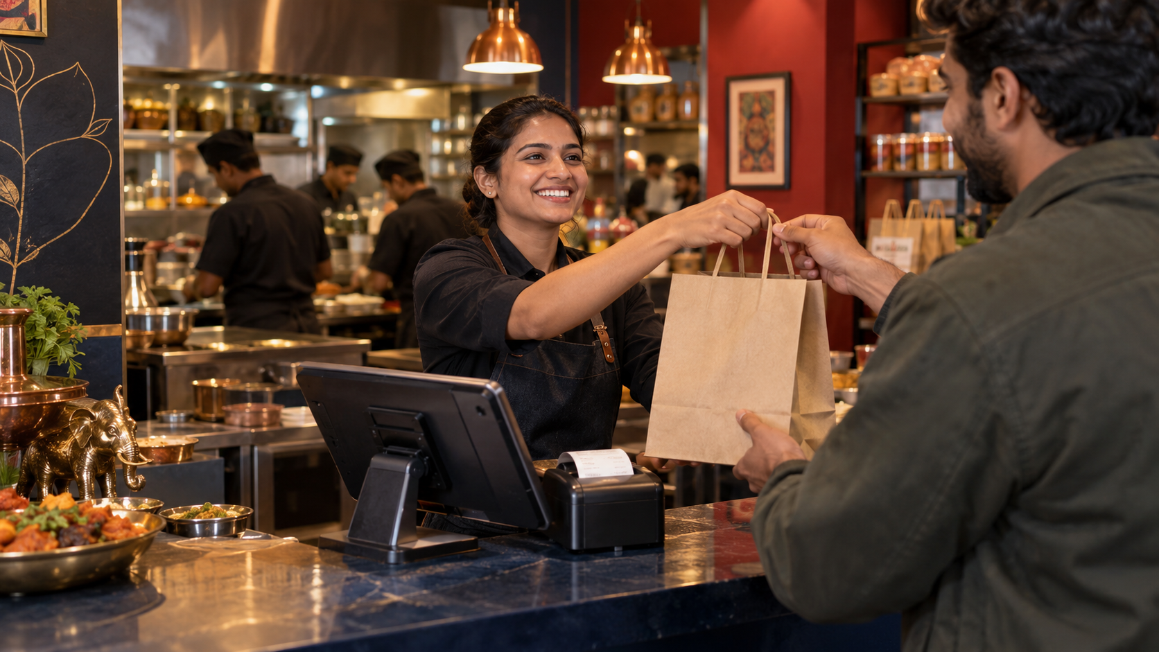 Illustrative restaurant staff handing a takeaway order to a customer beside a POS tablet and receipt printer